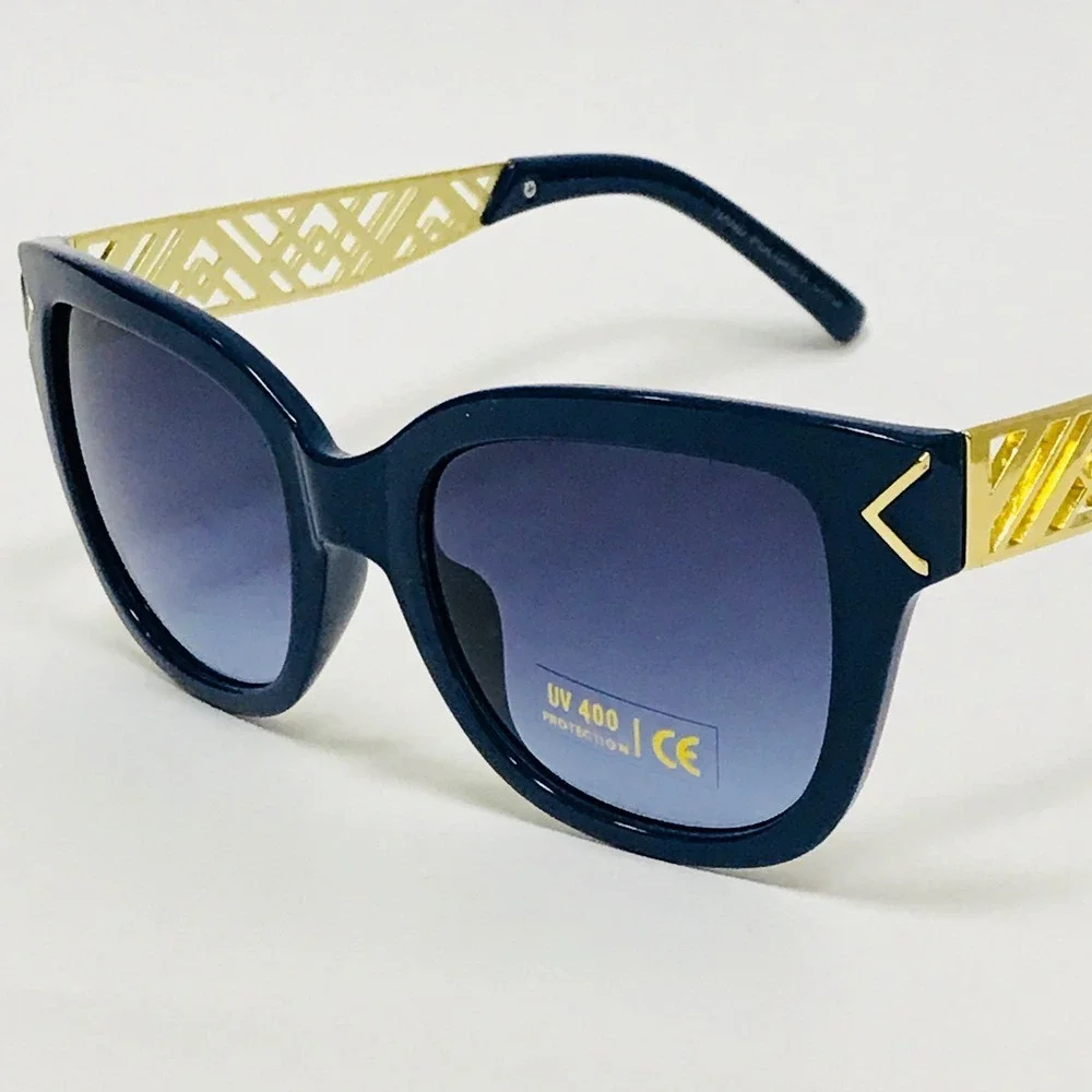 Sunglasses Women Cat Eye Black Frame Gold Metal Luxury Fashion Stylish Gafas
